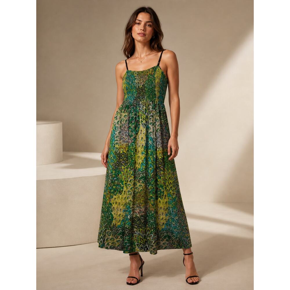 Shoreline Green Boho Maxi Sundress M Smocked Festival Resort Dress